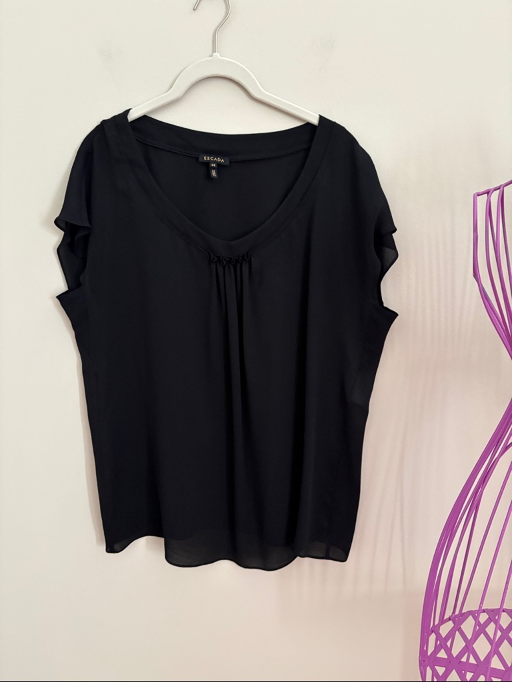 Escada Silk Black V-Neck Flutter Sleeve Blouse